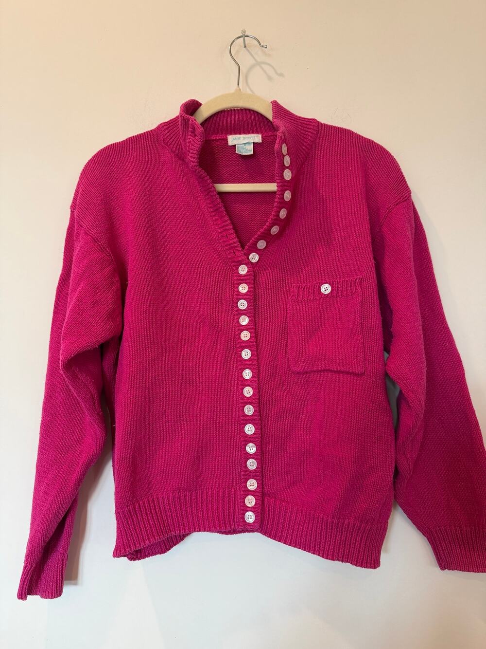 Vtg 90s Jamie Scott Ramie cotton Blend sweater hot pink M button front high neck